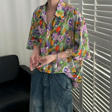 2025现货印花短袖衬衣男潮牌冰丝花衬衫A351-AC25605-p48控89，男装T恤，电商A351