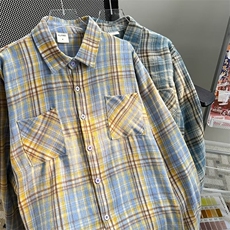 美式复古格纹长袖衬衫男女春秋水洗宽松休闲百搭外套CS0149-p33，男装衬衫，星座1008