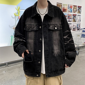 A885-P58秋季潮牌做旧牛仔裤外套男美式高街宽松潮牌工装夹克