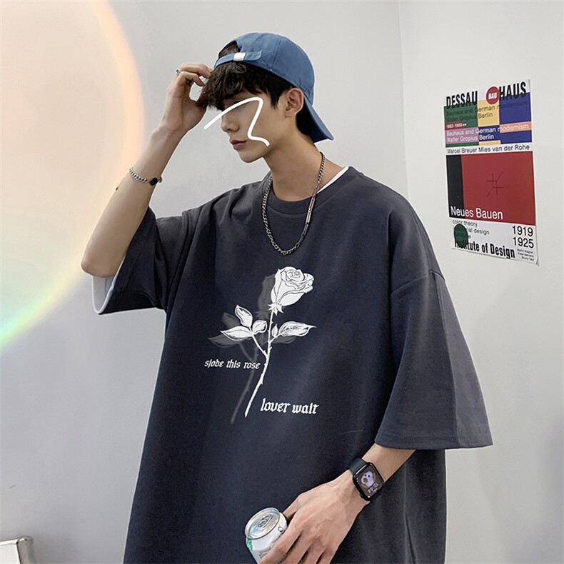 重磅纯棉短袖t恤男2024新款潮流夏季玫瑰印花炸街ins潮流五分中袖,男装T恤,电商A486