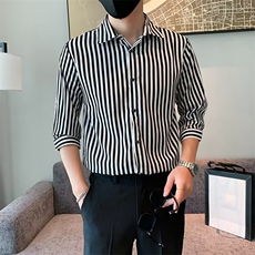 百搭衬衫标准简约ins条纹春季潮男原宿新款七分袖潮流C156-6，男装衬衫，星座1116A-2（原606A-1）
