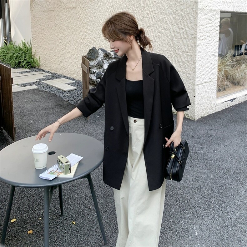 休闲薄款西服黑色翻领宽松西装外套秋,女装西装,2C033