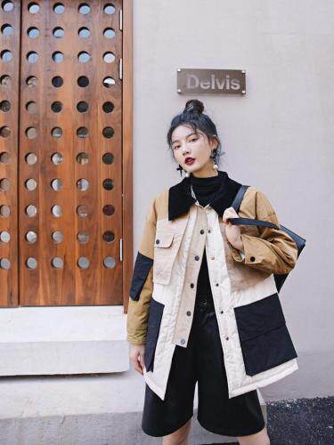撞色拼接棉衣，女装棉衣/棉服，YOUER DENG