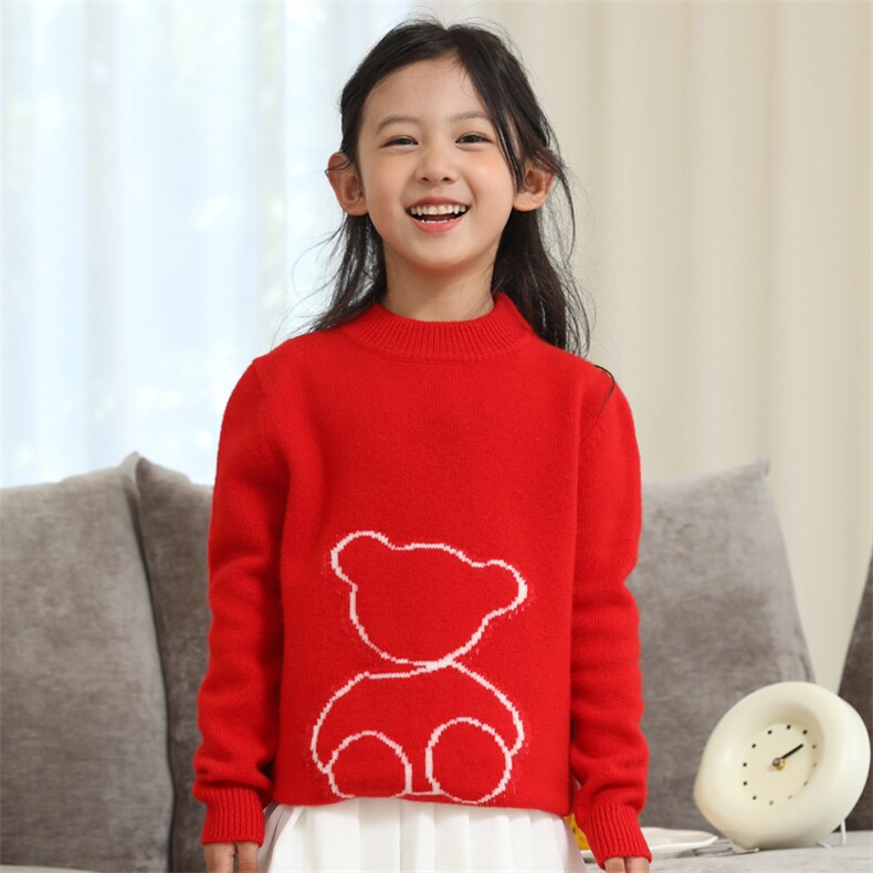 时尚男女童羊毛衫简约百搭小熊图案秋冬保暖长袖毛衣，童装儿童羊毛衫，冰晶童装