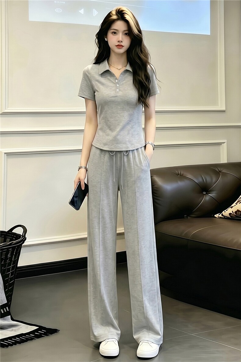 高级感休闲运动时尚套装女夏季翻领纽扣短袖上衣宽松阔腿裤两件套,女装套装/套裙,江南