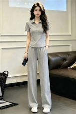高级感休闲运动时尚套装女夏季翻领纽扣短袖上衣宽松阔腿裤两件套，女装套装/套裙，江南
