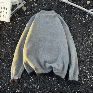 韩版灰色拉链立领针织开衫男秋冬复古雅痞风慵懒宽松保暖毛衣外套图片