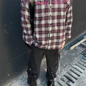 美式高街格纹衬衫男女春季新款字母印花情侣长袖百搭衬衣宽松上衣