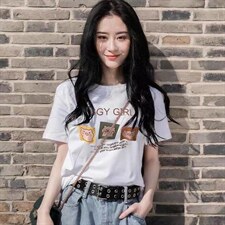 时尚印花迷你小猪休闲百搭短袖T恤，女装T恤，L·H·X