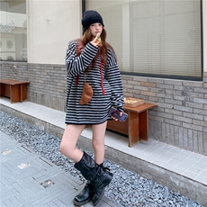 2025秋季新款撞色条纹拼接宽松显瘦针织上衣女慵懒风套头连帽上衣，女装针织衫/毛衣，帛锦泉