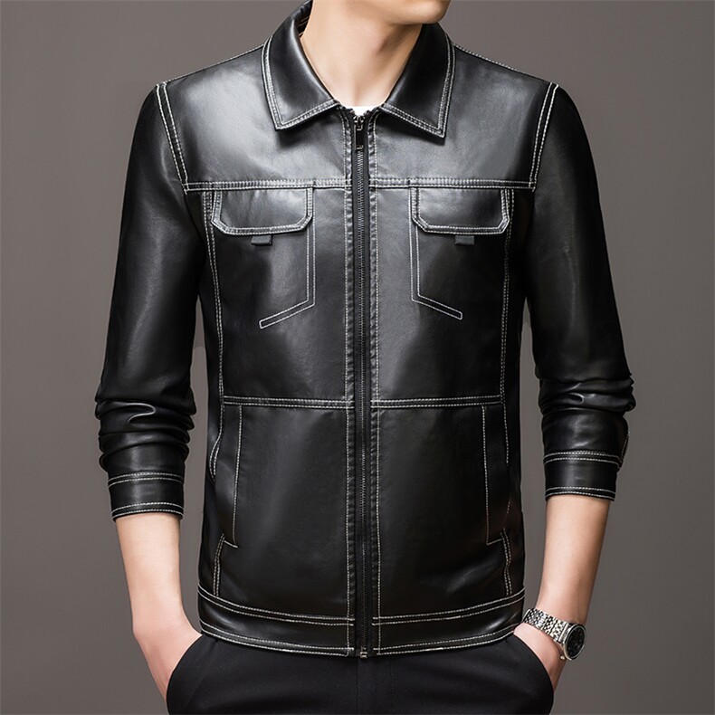 男士翻领纯色免烫皮衣2023秋冬季新款中年商务休闲男装保暖外套，男装皮衣，电商B212（原钱塘6029）