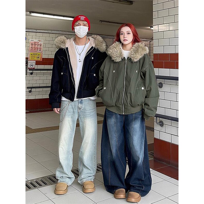 现货重磅boxy短款棉衣座山雕大毛毛领男女棉服水洗工装厚外套,男装棉衣,电商A443