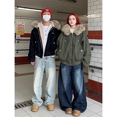 现货重磅boxy短款棉衣座山雕大毛毛领男女棉服水洗工装厚外套，男装棉衣，电商A443