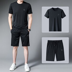 运动套装男装夏季圆领短袖长裤休闲商务运动服半袖冰丝薄款三件套图片