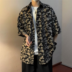 vintage巴洛克短袖花衬衫男潮牌潮流高级感外套式7分袖衬衣夏薄款，男装衬衫，星座601-2