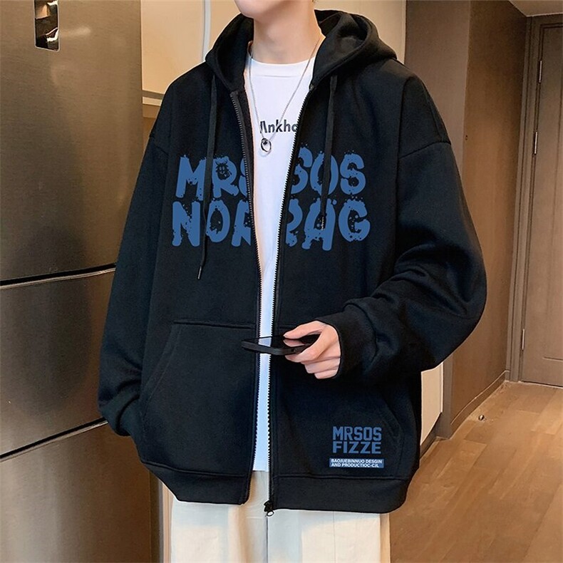 H201加绒P75加绒加厚连帽开衫卫衣含棉66%港风印花外套,男装卫衣,星座304A-1