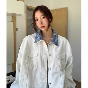 秋冬季蓝白格子撞色翻领假两件刺绣宽松休闲夹克女外套 J99图片