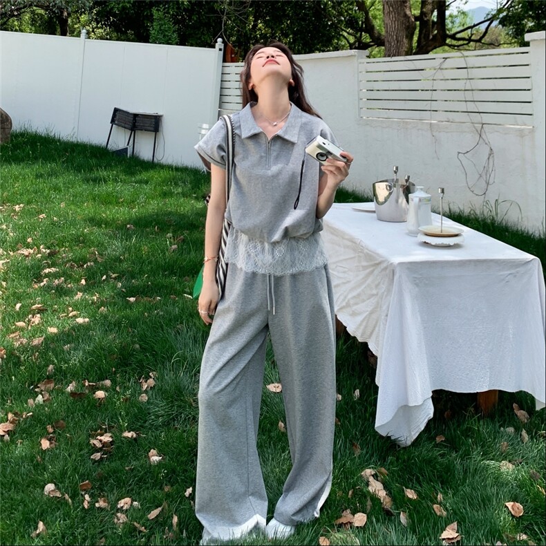 灰色休闲蕾丝拼接卫衣套装女夏季新款超火一整套减龄阔腿裤两件套图片