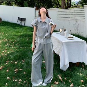 灰色休闲蕾丝拼接卫衣套装女夏季新款超火一整套减龄阔腿裤两件套图片