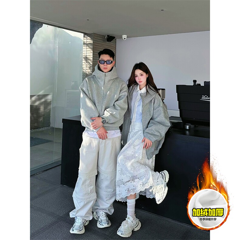 480G重磅加绒硬挺boxy男女秋冬美式高街防风高领卫衣开衫厚外套，女装短外套，电商A486-1