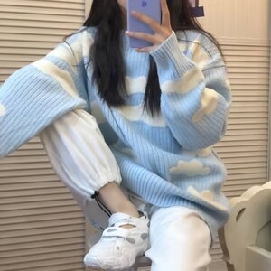 韩系慵懒风学院风云朵毛毛衣女外穿宽松下衣失踪中长款针织衫女