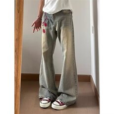高街美式复古水洗做旧刺绣牛仔裤男直筒宽松微喇裤N1116-P47，男装牛仔裤，星座208-5