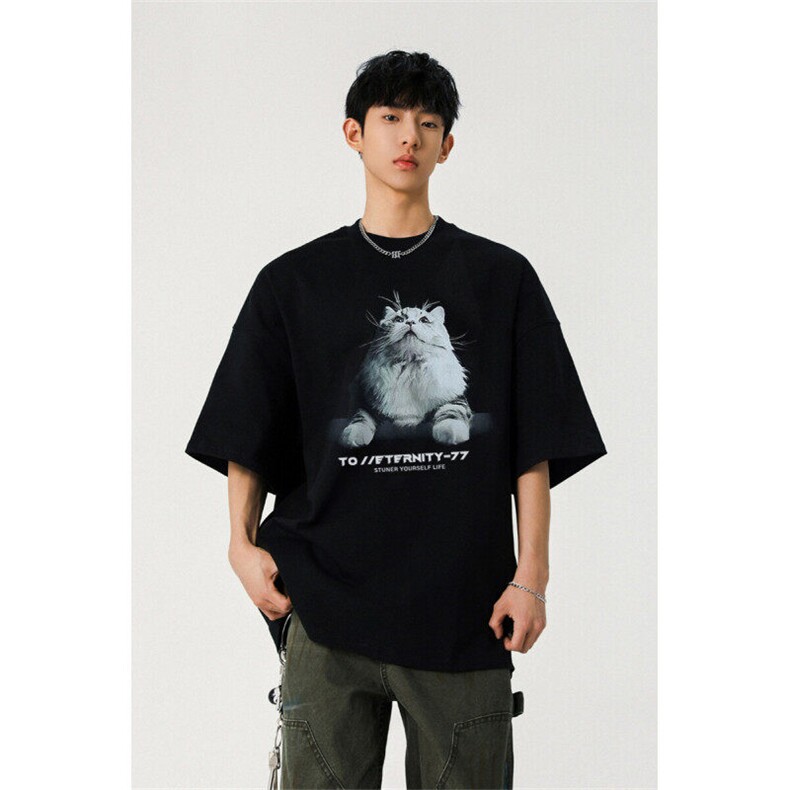 706-T5331-P28特P260克重磅现货夏季猫咪印花短袖T恤情侣潮,男装T恤,星座706