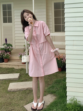 法式俏皮减龄假两件连衣裙女2025夏季新款韩版收腰显瘦衬衫短裙子，女装连衣裙，浙宝192（原082）