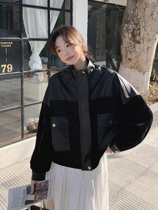 短款皮衣外套女2024秋季新款宽松洋气时尚显瘦休闲百搭拼接皮夹克图片