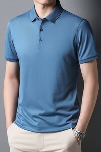 短袖T恤男翻领时尚上衣夏季中年男士商务休闲百搭纯色体恤图片