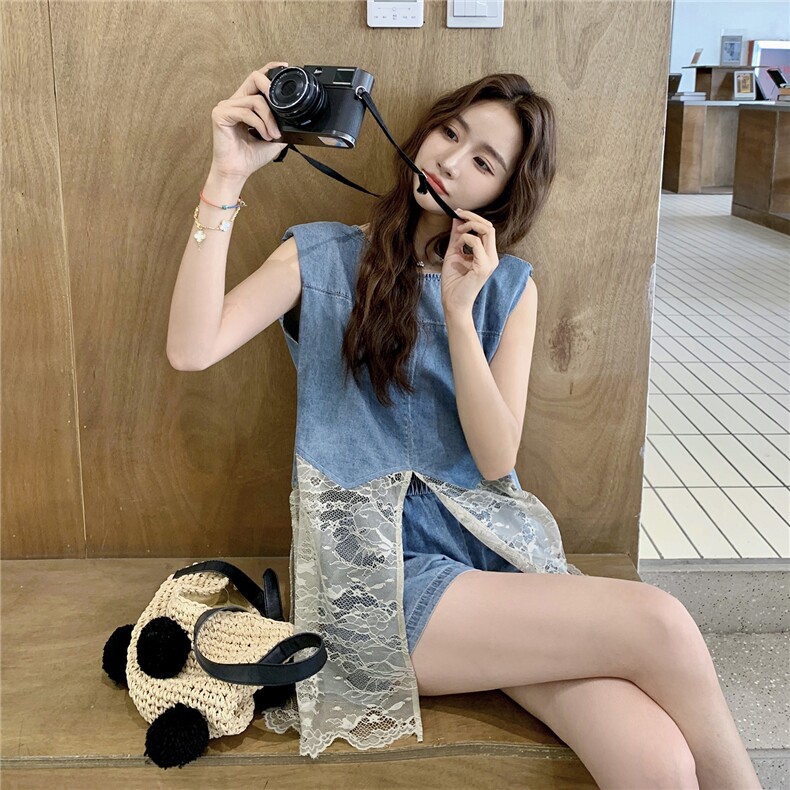 设计感蕾丝拼接牛仔背心套装女2025夏季新款小个子阔腿短裤两件套，女装套装/套裙，维壹