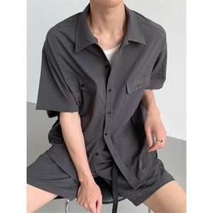CP1216-P36 日系复古短袖衬衫男女双口袋少泡泡纱工装衬衣图片