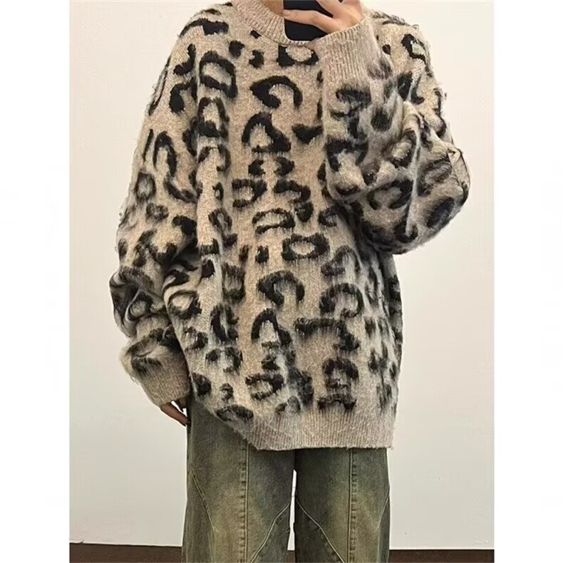 港风复古慵懒风豹纹毛衣男秋冬款保暖圆领针织衫套头外套上衣，男装针织衫/毛衣，星座506A