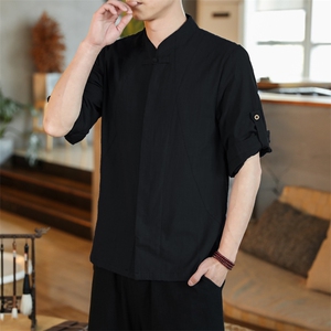 风春夏大码衬衣男休闲衬衫七分袖立领复古盘扣男装CS510-50