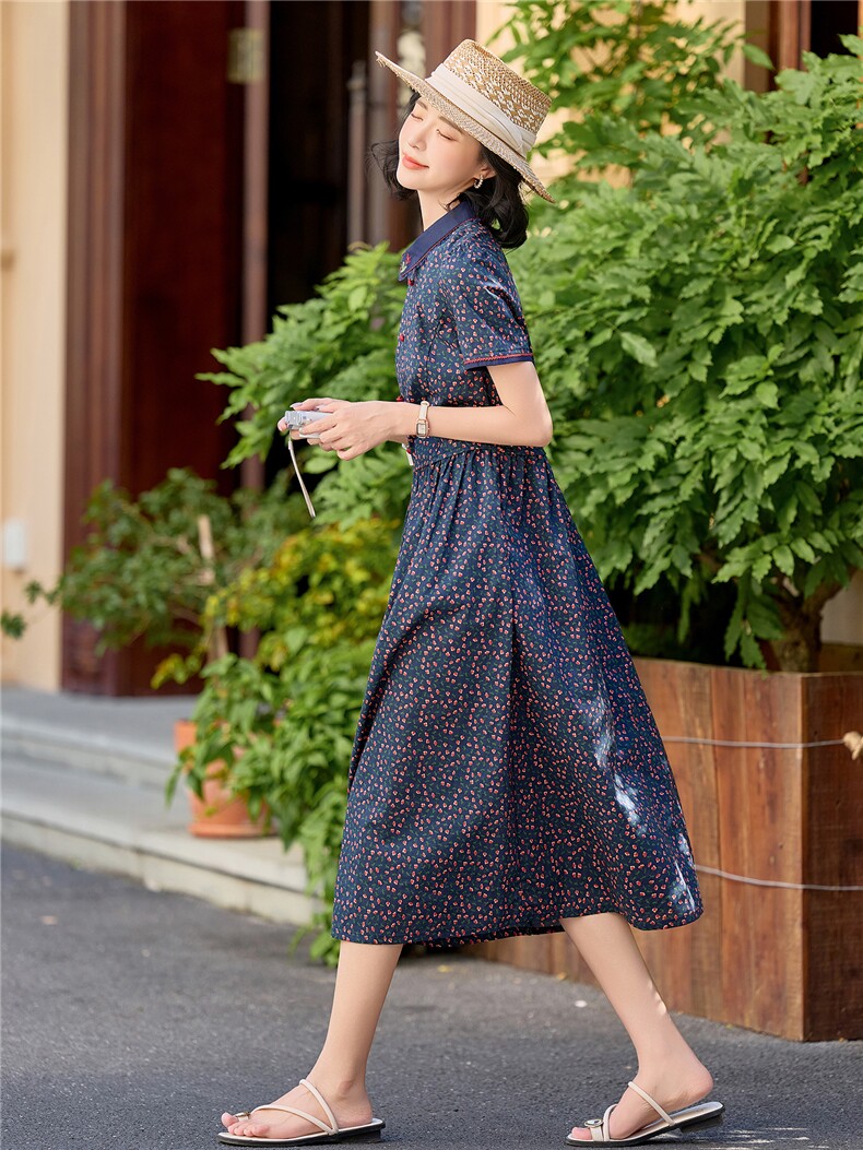 田园风斜领碎花刺绣连衣裙女春夏收腰显瘦中长裙（细节图颜色为）,女装连衣裙,水衣源