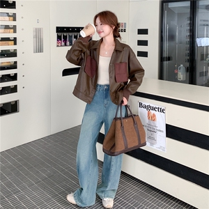 美拉德咖色设计感撞色口袋皮衣外套女2025早春秋港风复古时髦夹克图片