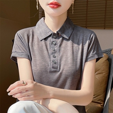 衬衫领短袖简约百搭宽松套头上衣，女装针织衫/毛衣，绒宛羊绒