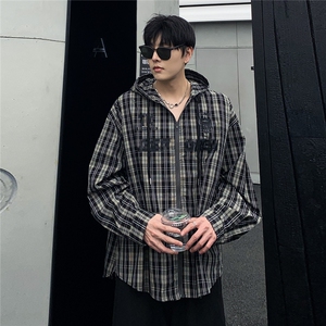 美式复古连帽格子外套男休闲百搭衬衫植绒印花防晒衫CS05-P65,淡绿西裤搭配衬衫图片