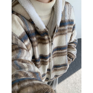 秋冬款格子款羊羔毛棉服加绒连帽加厚外套  A071-5024-P118图片