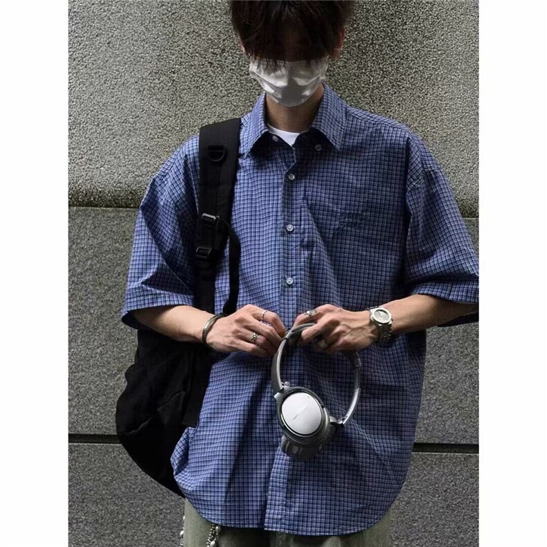 美式复古蓝色格子短袖衬衫男宽松休闲高级感百搭叠穿衬衣外套2025,男装衬衫,星座506A