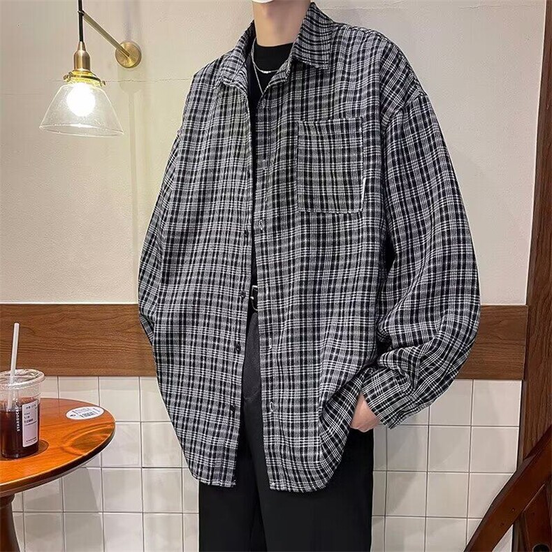 2025春季新款帅气格子衬衫男长袖宽松百搭衬衣男现货W8107-P33,男装衬衫,星座512-4