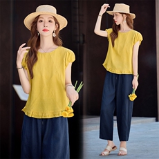 2026新款天丝苎麻短袖夏季女圆领黄衬衫两件套时尚休闲九分裤套装，女装衬衫，梦懿尔