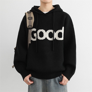 高街复古套头针织帽衫男 GOOD连帽毛衣潮牌秋冬慵懒风情侣外套图片