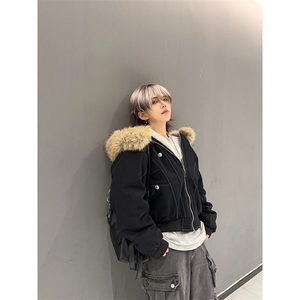 现货重磅boxy短款棉衣座山雕大毛毛领男女棉服水洗工装厚外套图片