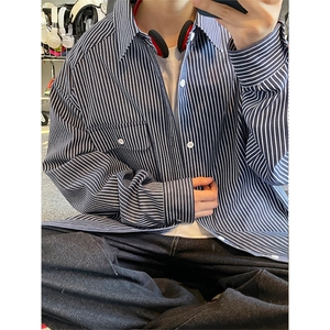 秋季新款条纹衬衫男宽松休闲百搭长袖衬衣外套C2268-特价P45图片