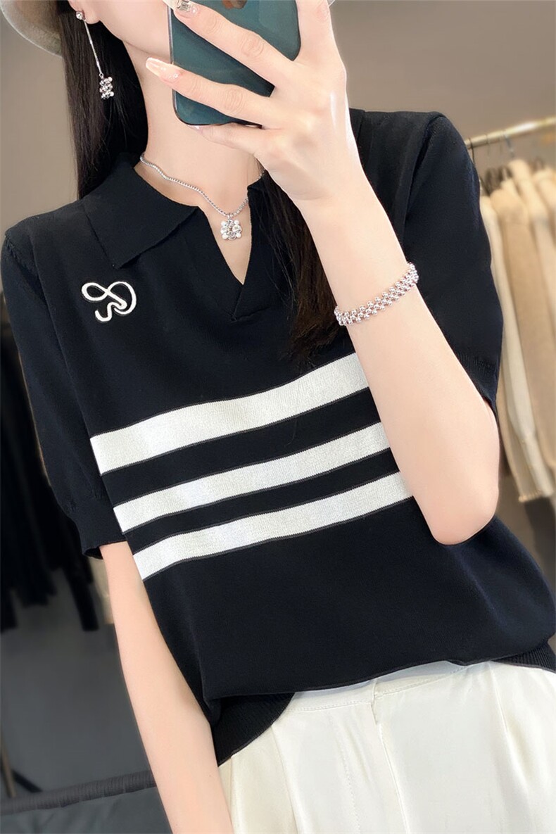 时尚女装POLO领条纹短袖冰丝针织衫显瘦百搭气质上衣,针织衫/毛衣,萱芳婷羊绒