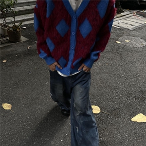 美式秋冬V领开衫针织衫男女慵懒风情侣宽松针织衫M9548-P66图片