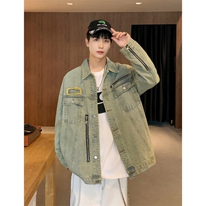 美式牛仔外套男春秋港风休闲时尚潮宽松水洗黄泥色夹克男 JK2344图片