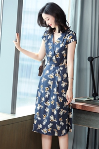 真丝连衣裙女中长款2025夏装新款印花V领修身显瘦真丝连衣裙图片