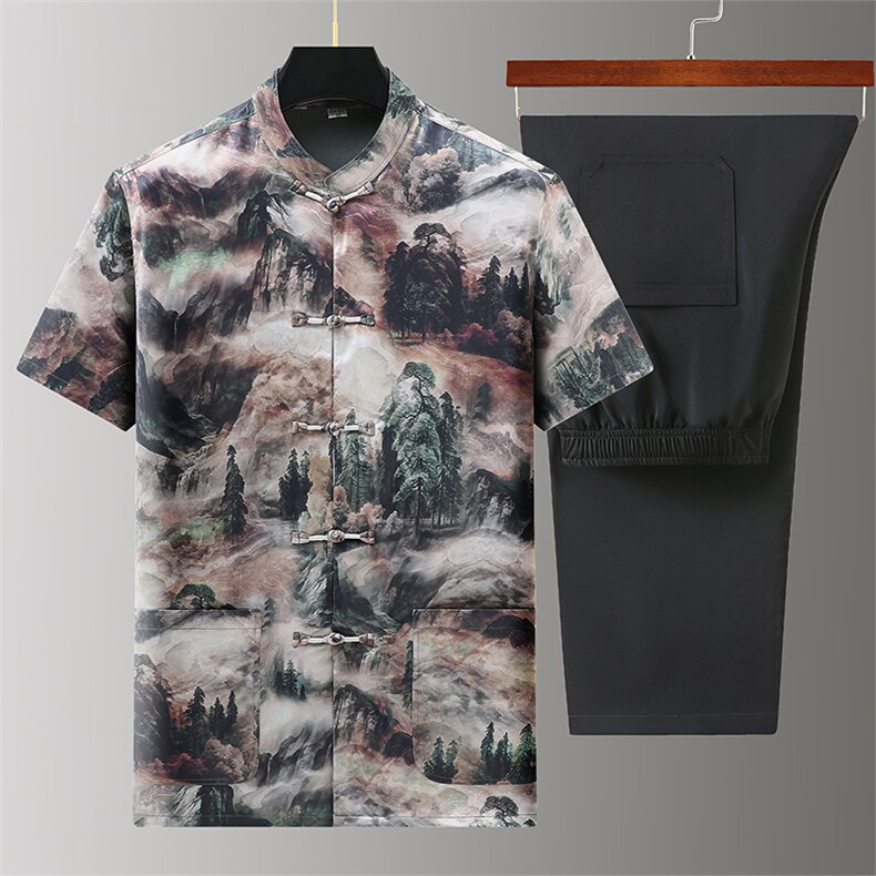山水香云纱唐装男中老年风复古短袖衬衫套装BD238T-P98,男装衬衫,星座1105-3